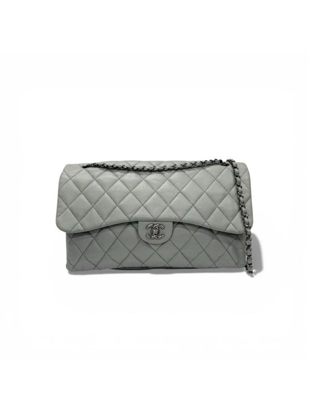 Chanel Shoulder Bag Gray Silver Big Quilted Turnlock CC Logo Single